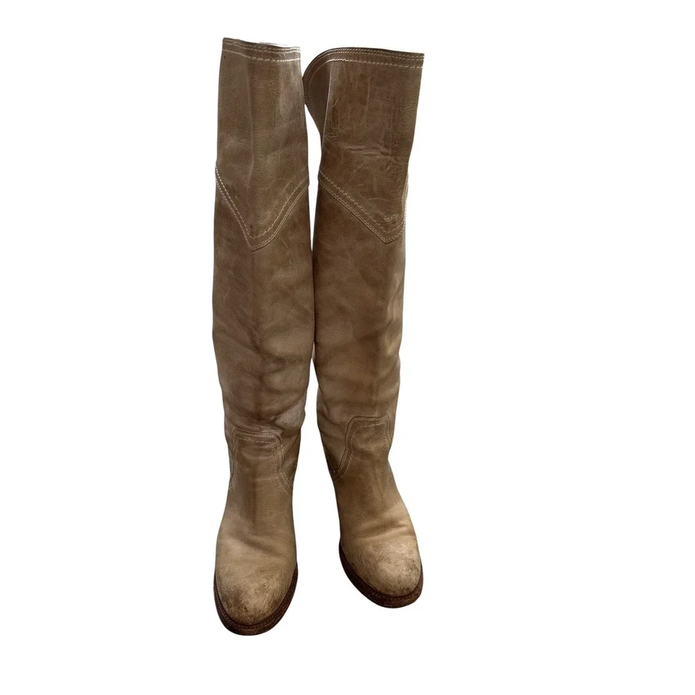 Western Frye Shirley Over The Knee Leather Boots 8.5 Tan Block Heel Tall Boho